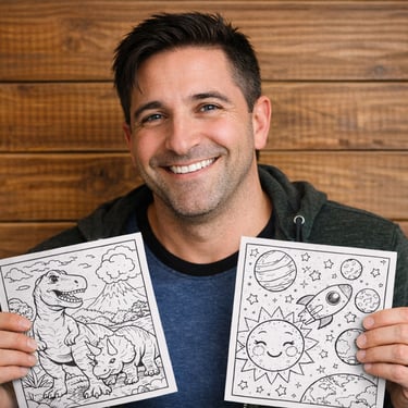 **Alt text:** Smiling man with short dark hair holding two black-and-white coloring pages