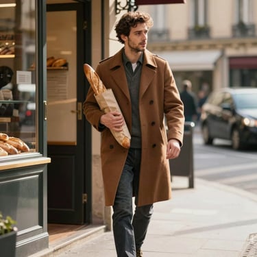 An elegant French man in a stylish brown coat walking out of a bakery with a baguette under his arm, warm afternoon light, European French urban street background.