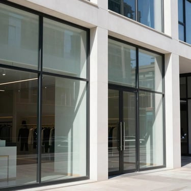 Crisp architectural photography of a modern commercial storefront with large, flawless glass panels reflecting bright daylight and clean geometric lines.
