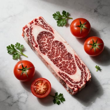 Overhead flat-lay of raw premium ingredients — dry-aged beef cross-section, fresh herbs, halved heirloom tomatoes — arranged on a white marble surface under bright directional studio light, high contrast, no hands visible