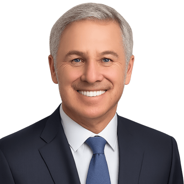 Portrait of a smiling middle-aged man with short grey hair, wearing a white shirt, blue tie, and dark suit jacket, set against a circular white background.