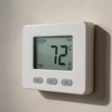 Close-up of a modern digital thermostat in a clean, shaded indoor environment, displaying a comfortable 72 degrees, soft lighting.