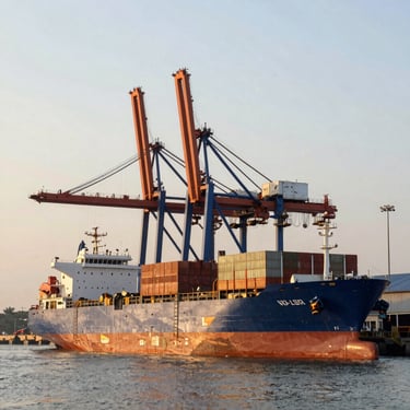 Wide environmental shot of Kuantan port terminal at dawn, heavy transport ships, industrial crane infrastructure.