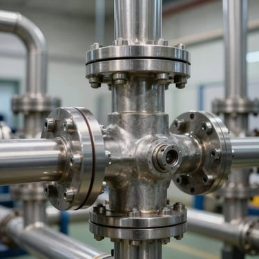 Extreme macro close-up of heavy industrial valves and stainless steel pipes inside an electrolysis facility, sharp technical lighting.