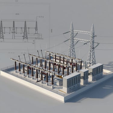 Architectural site plan rendering of high-voltage substations and electrical grid schematics, technical gray background.
