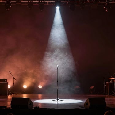 Wide shot of a concert stage from the wings, single spotlight cutting through smoke haze onto an empty microphone stand, deep burgundy and amber stage gels, dramatic high-contrast atmosphere