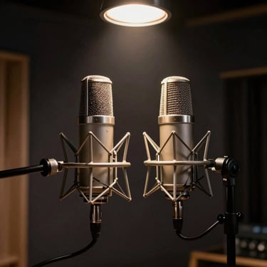 Two microphones on stands in a darkened recording booth, dramatic spotlight from above casting hard shadows, warm golden rim light on the microphone capsules