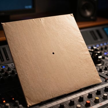 Close-up of a vinyl record sleeve on a studio mixing console, warm amber studio key light raking across the grooves, dark background with shallow depth of field