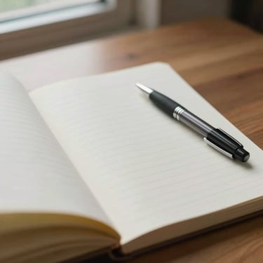 Close detail of an open clinical notebook and pen resting on a wooden desk surface, natural window light falling across the page, clean and spare composition, no text visible, muted neutral tones