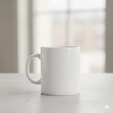 Blank white ceramic coffee mug on a neutral tabletop with a soft bokeh background.