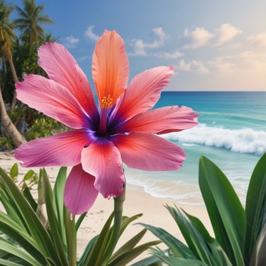 A smiling woman enjoying a colorful taco under neon palm tree lights