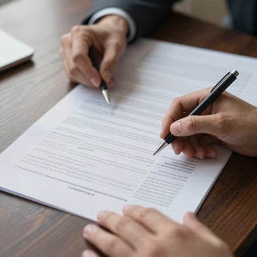 Close-up of hands reviewing physical financial balance sheets and legal documents on a dark wood table, soft natural side lighting, professional and solemn atmosphere.