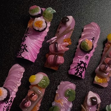 uñas con sushi estilo en acriilico o molde gel