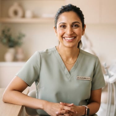 Professional portrait of a female dentist, warm friendly smile, soft natural studio lighting, neutral clean background, elegant pastel tones