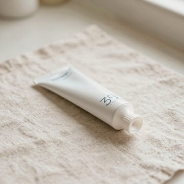 Warm editorial photography of a minimalist white tube of toothpaste lying on a soft linen cloth, warm daylight, shallow depth of field, 35mm