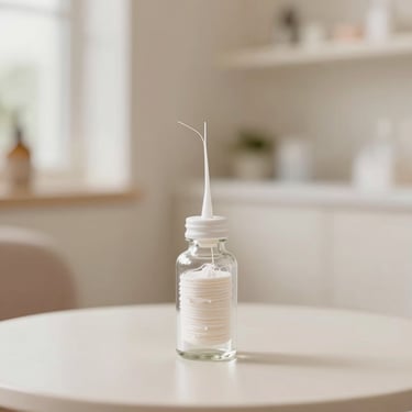 Warm editorial photography of a roll of natural silk dental floss in a tiny glass bottle, elegant and clean background, soft daylight, shallow depth of field, 35mm