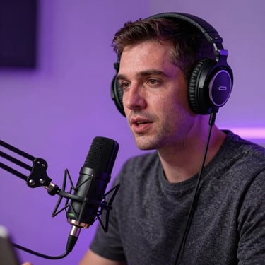 A sound engineer wearing studio headphones, speaking into a broadcast microphone, soft purple background glow, professional podcast setup.