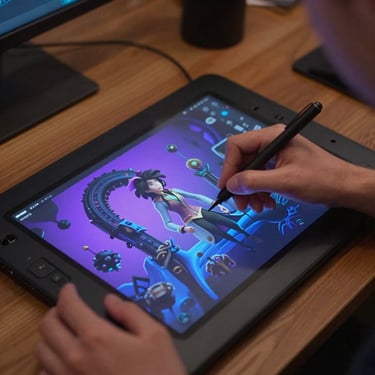A digital artist working on a graphic tablet, displaying a complex 3D CGI animation frame with vibrant purple and blue lighting.