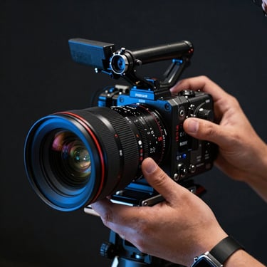 Extreme close-up of a professional camera operator adjusting a high-end cinema lens, dramatic blue rim lighting, dark studio setting.