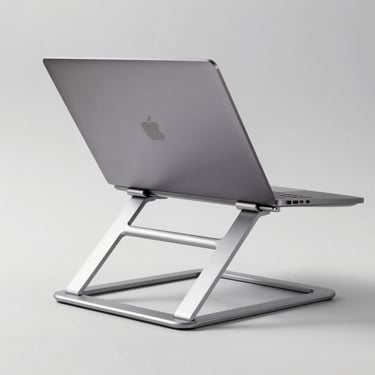 An ergonomic aluminum laptop stand holding a closed laptop, clean background