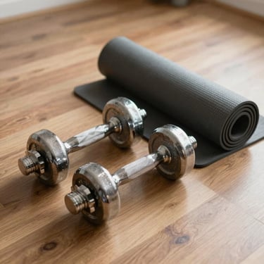 A pair of adjustable dumbbells and a rolled-up yoga mat on a clean wooden floor, natural light