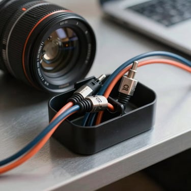 Close-up of a compact magnetic cable organizer holding cables on a metal desk edge