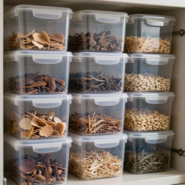A set of semi-transparent plastic organizing boxes neatly arranged in a kitchen pantry, showing dry goods, soft lighting