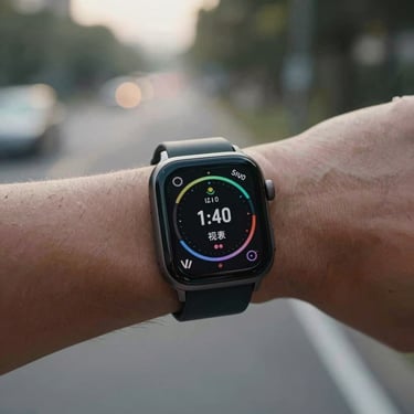 A modern smartwatch on a person's wrist during an outdoor morning walk, showing clear health metrics on screen