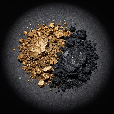 A heavy black palette showing crushed highly-pigmented gold and obsidian eyeshadow powders, dramatic spotlight