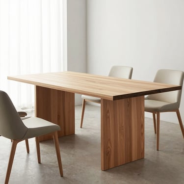 A sleek, modern dining table crafted from solid elm, styled in a bright, airy dining room with minimalist chairs