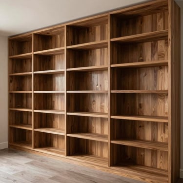 Custom floor-to-ceiling wooden shelving and wall paneling integrated into a high-end residential study