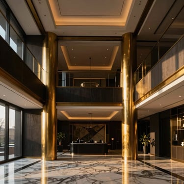 Luxury penthouse interior with high ceilings, marble floors, warm golden hour lighting, modern brass details