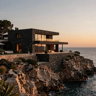 Modern stone villa integrated into cliffs, overlooking private cove in Ibiza, sunset sky, soft lighting