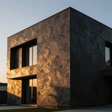 Architectural masterpiece villa with geometric lines, dramatic night lighting highlighting luxury textures