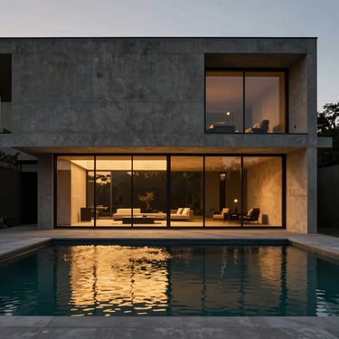 Minimalist concrete villa facade with glass walls, private pool at twilight, golden reflections