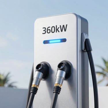 Studio render of a 360kW DC fast charger, metallic silver finish, dual liquid-cooled connectors, glowing status bar