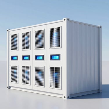 Studio render of a containerized lithium battery energy storage system BESS, industrial white steel, integrated HVAC vents