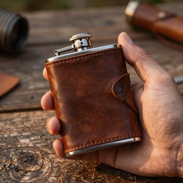 Close-up of a hand holding a custom-stamped leather flask wrapped in thick brown hide, rustic wood background, glowing golden hour light.