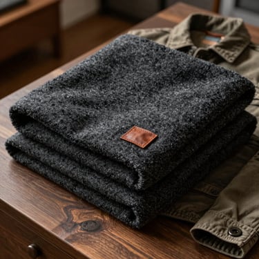 A folded dark charcoal wool blanket and a rugged canvas jacket with a small leather patch, shot in warm cabin lighting.