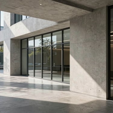 An elegant architectural detail of a modern corporate space in Wilmington. Clean concrete lines, a minimalist glass partition, and directional natural light casting sharp geometric shadows on a polished stone floor.