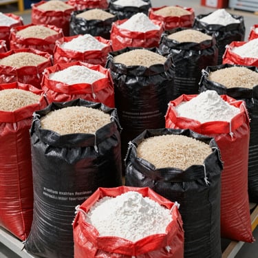 Bulk burlap sacks of premium long-grain rice and wholesale flour in a clean distribution center.