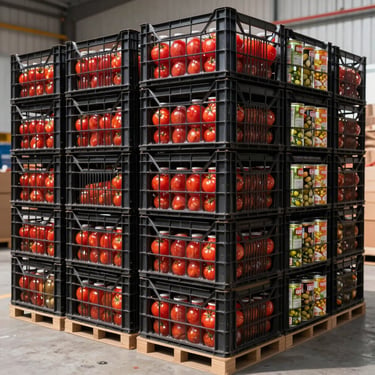Wholesale cardboard crates of tomato paste and canned vegetables stacked in a modern logistics warehouse.