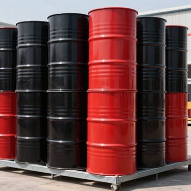 Professional wholesale catering oil drums stacked on a clean metal rack, industrial daylight.