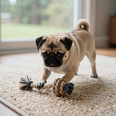 Candid shot of a pug-mix puppy playing with a rope toy on an oatmeal rug, natural indoor light, soft depth of field