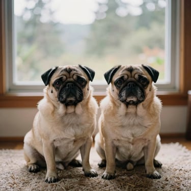 Two senior pugs sitting side-by-side on a cozy rug, warm natural light from a nearby window, 35mm