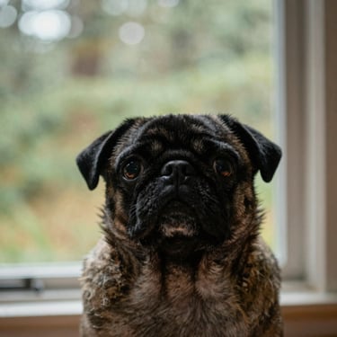 Candid close-up of a black pug looking up with expressive eyes, soft indoor window light, warm forest green background, shallow depth of field