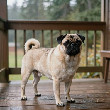 A fawn pug-mix standing alertly on a wooden porch, soft Seattle drizzle background, natural lighting, 35mm