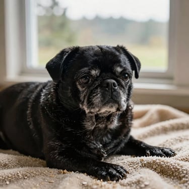 Close-up of an older black pug resting on an oatmeal-colored blanket, soft window light, warm tones, 35mm