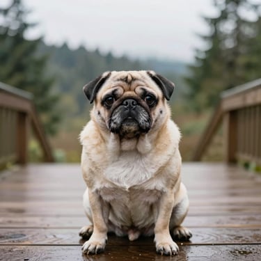 Eye-level portrait of a senior fawn pug sitting outdoors on a wet wooden deck, soft overcast Seattle daylight, natural depth of field