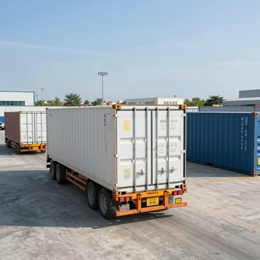 A variety of shipping containers including standard, modified cabins, and refrigerated units stacked neatly in a sunny yard.
